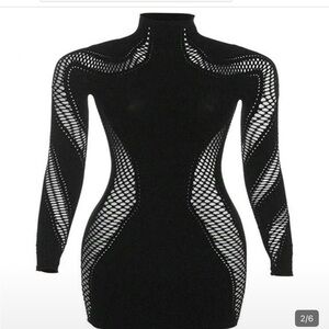 Black Mesh fishnet Long Sleeve Dress